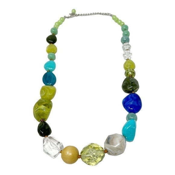 Multicolor Swirl Faceted Green Blue Clear Turquoise Color Lucite Beaded Necklace - Picture 3 of 7